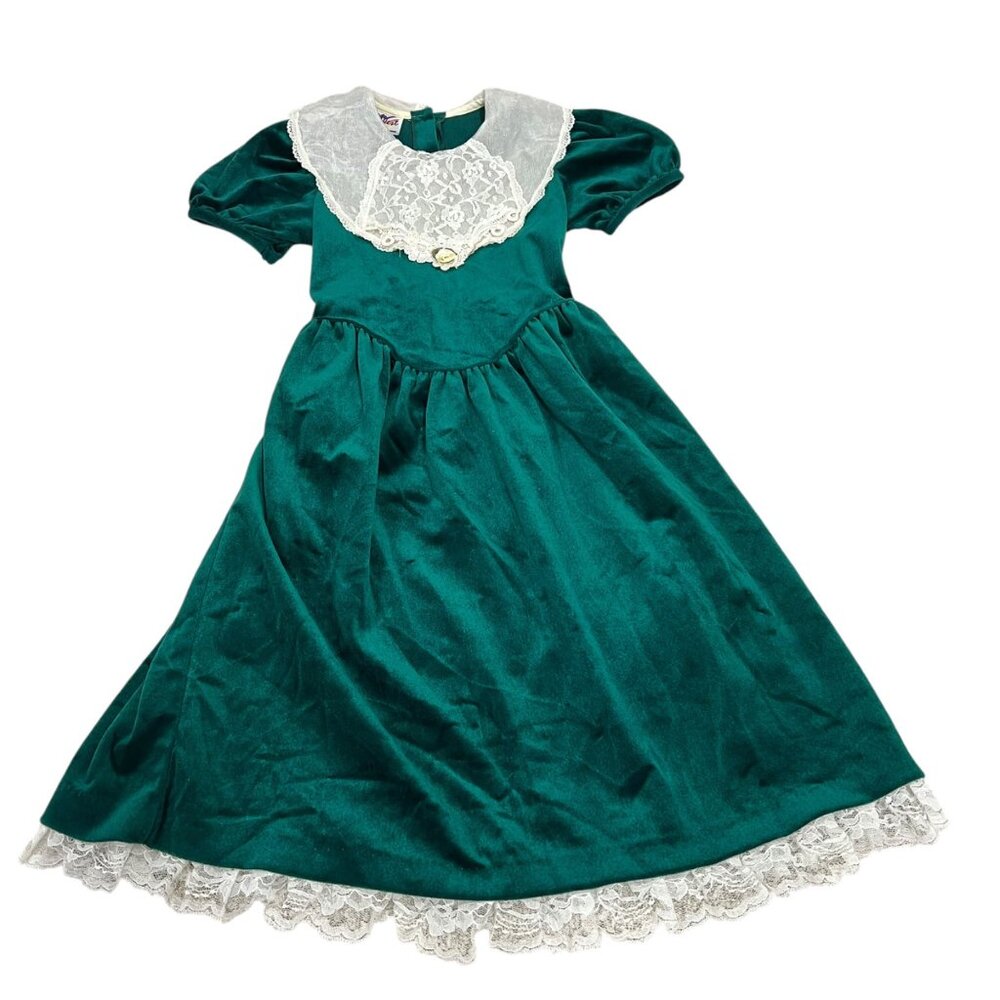 Vintage Emily West Green Velvet Dress W/ Lace Collar & Hem Size 7 Girls Clothing